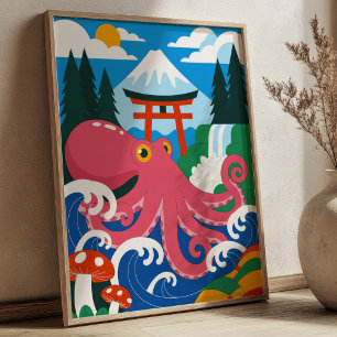 Pink Octopus with Mount Fuji& Torii Gate Japanese Poster