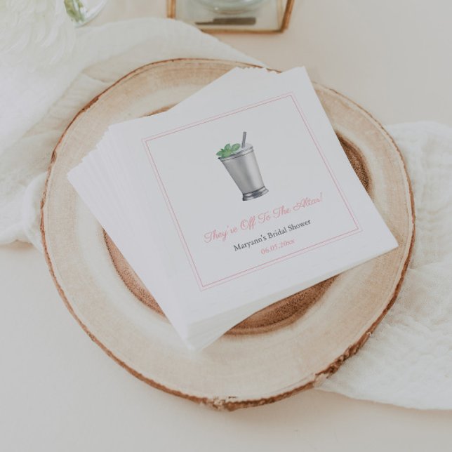 Pink Off To The Altar Mint Julep Bridal Shower Napkin (They're off to the altar mint julep napkin design with pink accents)