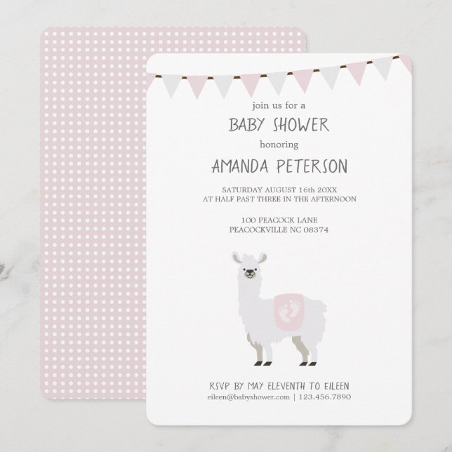 Pink & Off-White Gender Neutral Llama Baby Shower Invitation (Front/Back)