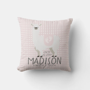 Pink & Off-White Llama Birth Stats Throw Pillow