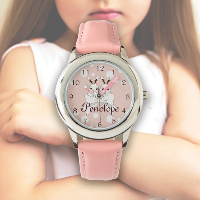 Pink Off-White Ribbon and Cute Twin Bunny Kids Watch (Creator Uploaded)