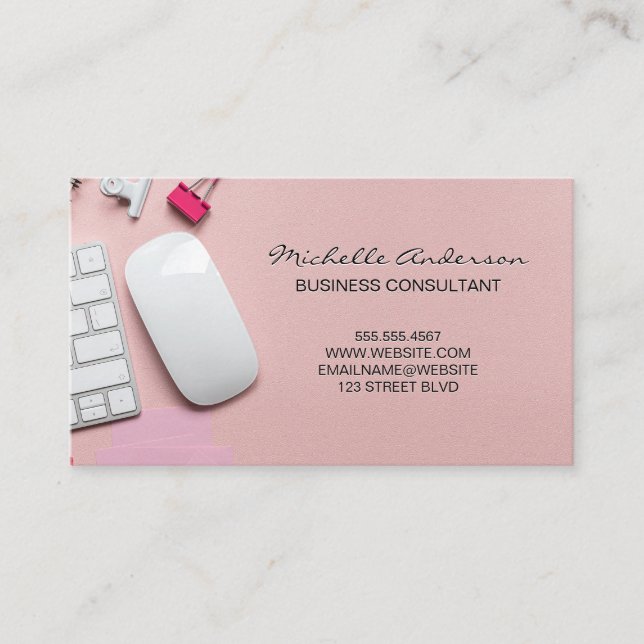 Pink Office Space Background Business Card (Front)