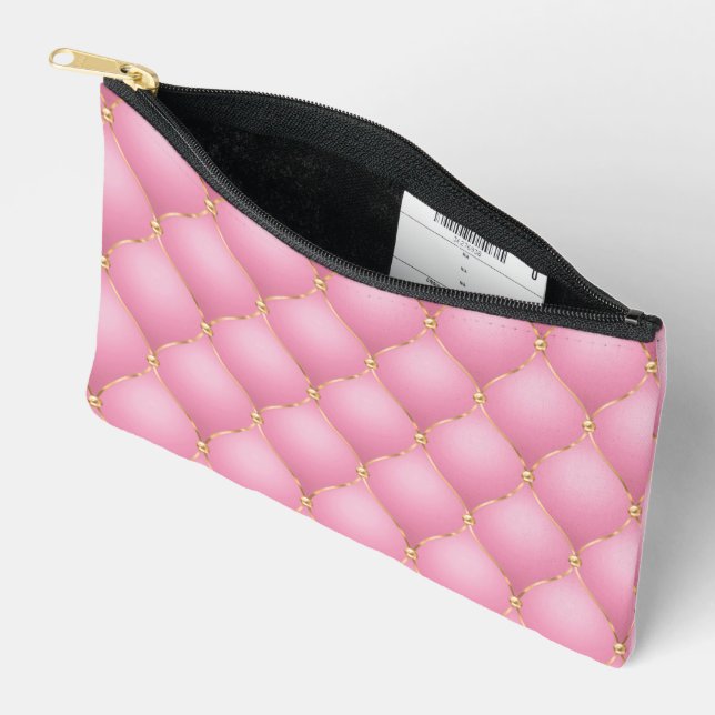 Pink Ogee Gold Diamonds Tufted Accessory Pouch (Open)