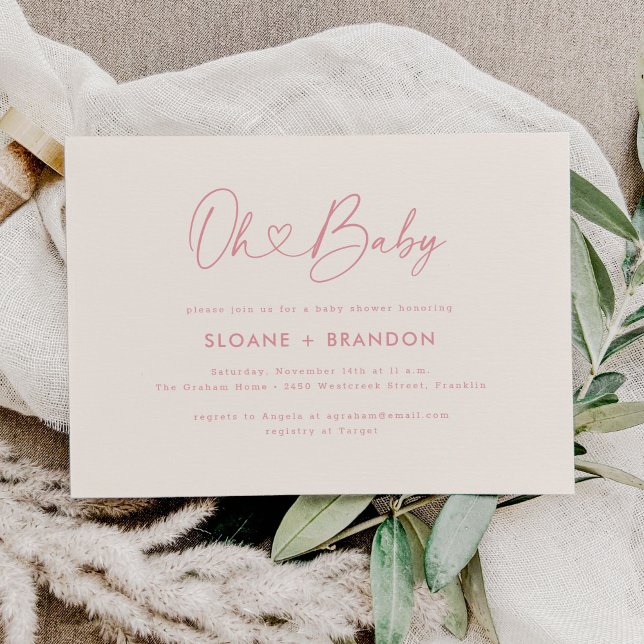 Pink Oh Baby Heart Calligraphy Simple Baby Shower Invitation (Creator Uploaded)