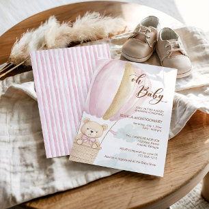 Pink Oh Baby Script Bear in Hot Air Balloon Shower Invitation