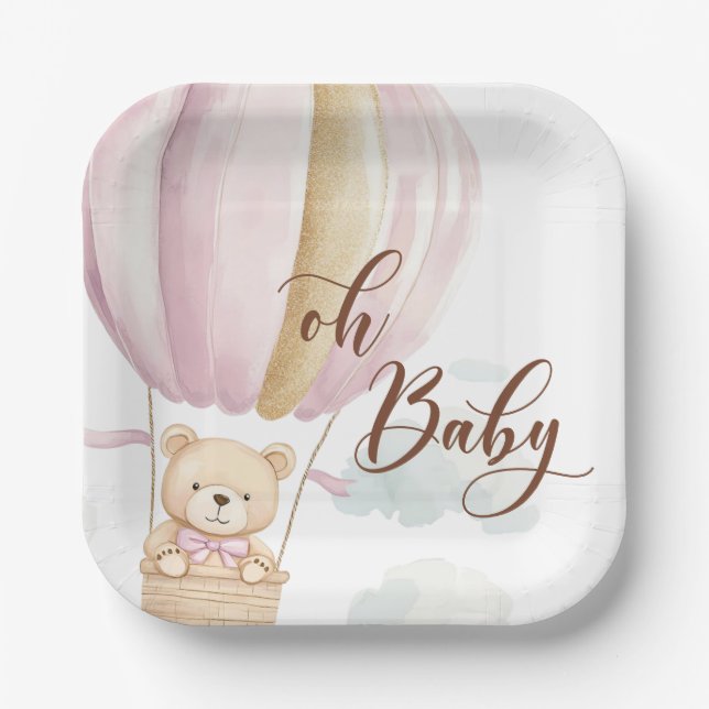 Pink Oh Baby Script Bear in Hot Air Balloon Shower Paper Plate (Front)