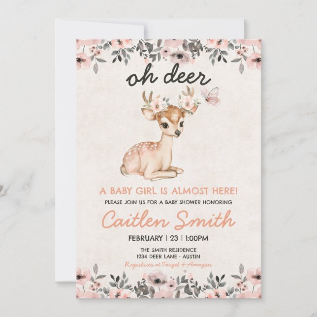 Pink Oh Deer Baby Shower Floral Invitation (Front)