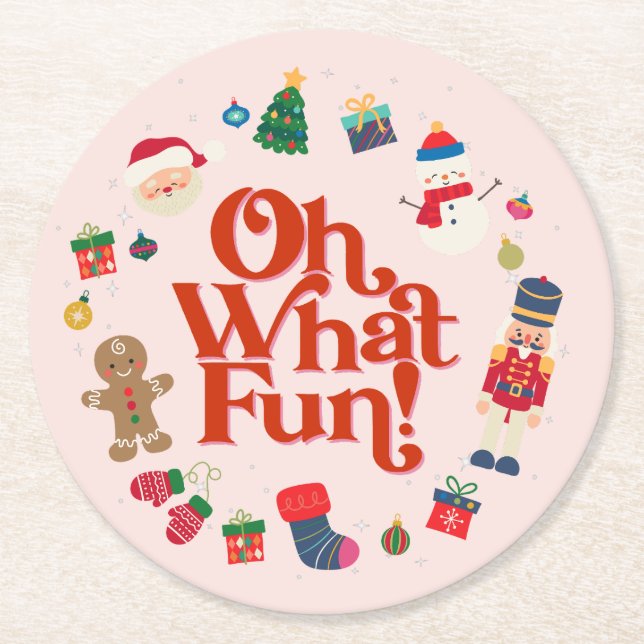Pink Oh What Fun Christmas Party Coasters (Front)