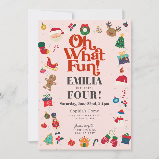 Pink Oh What Fun Christmas Winter Birthday Party Invitation (Front)