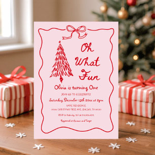 Pink Oh What Fun Holiday Girl 1st Birthday Party Invitation