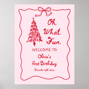 Pink Oh What Fun Holiday Girl 1st Birthday Welcome Poster