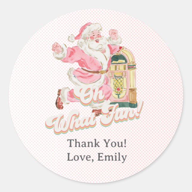 Pink Oh What Fun-Retro Santa Claus Party Thank You Classic Round Sticker (Front)