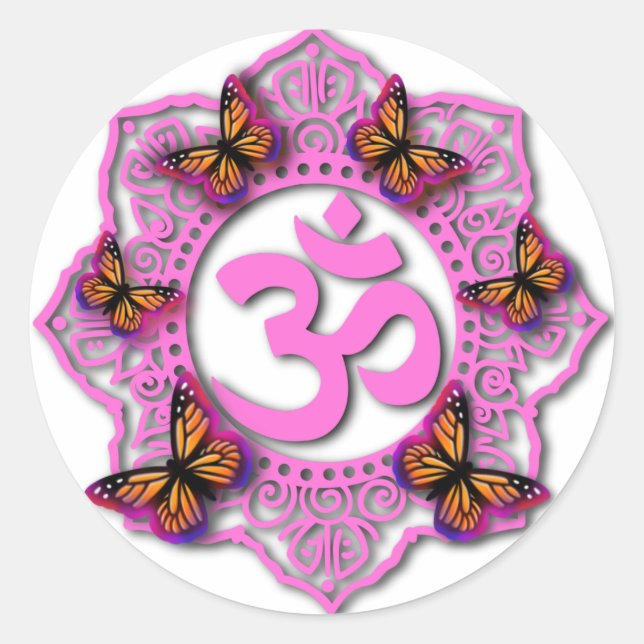 Pink ohm mandala design with Monarch butterflies Classic Round Sticker (Front)