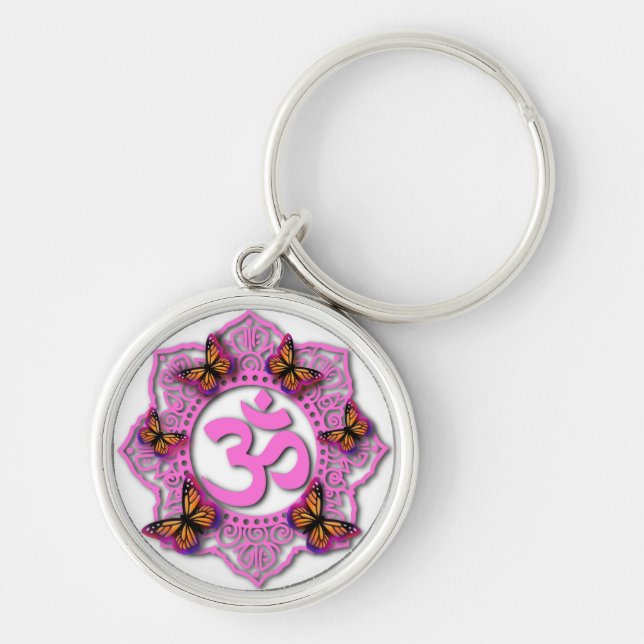 Pink ohm mandala design with Monarch butterflies Key Ring (Front)