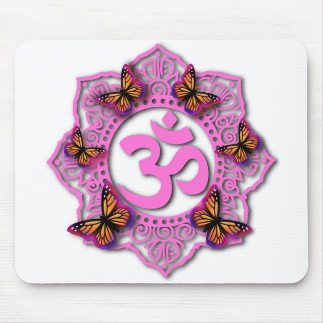 Pink ohm mandala design with Monarch butterflies Mouse Mat (Front)
