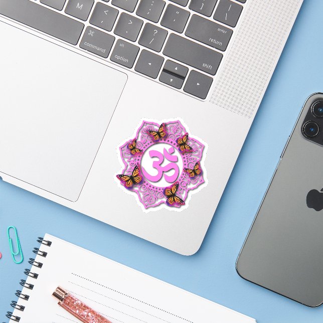Pink ohm mandala design with purple butterflies  (Laptop w/ iPhone)