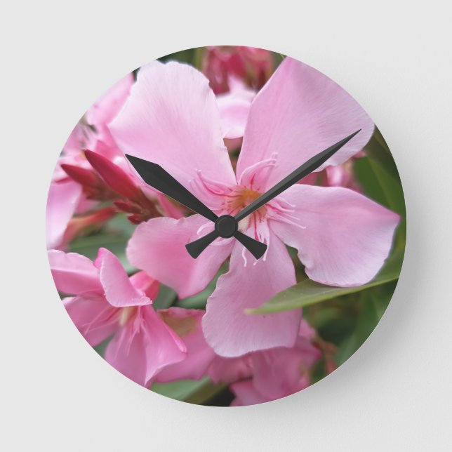 Pink Oleander Flower Wall Clock | Elegant Botanica (Front)
