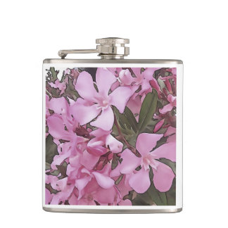Pink Oleander Rose Laurel Black Outline Art Hip Flask