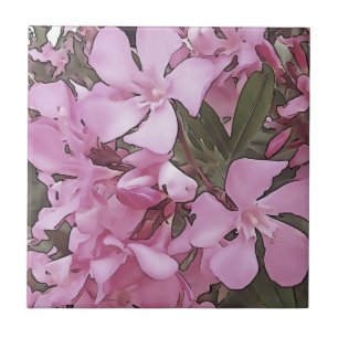 Pink Oleander Rose Laurel Black Outline Art Tile