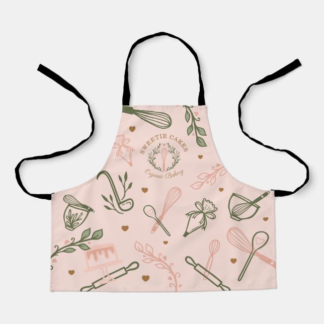 Pink & Olive Green Baking & Cooking Utensil Bakery Apron (Front)
