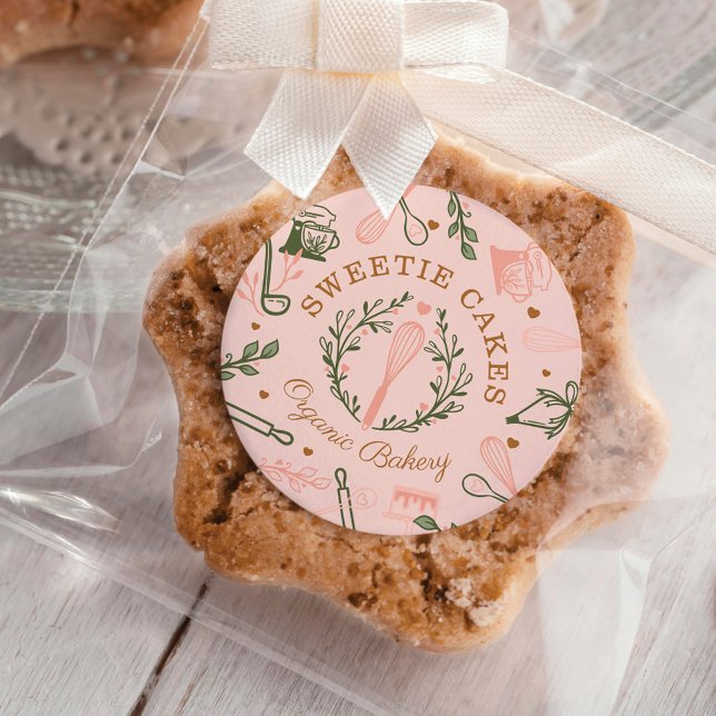 Pink & Olive Green Baking & Cooking Utensil Bakery Classic Round Sticker (Creator Uploaded)