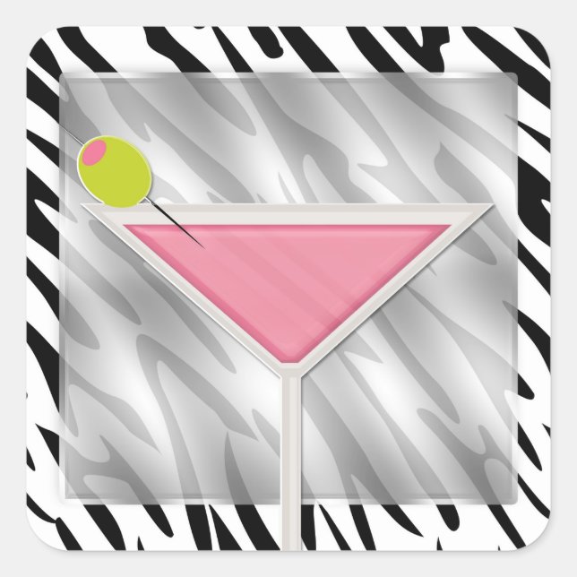Pink Olive Martini Cocktail Zebra Print Birthday  Square Sticker (Front)