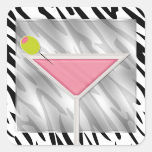 Pink Olive Martini Cocktail Zebra Print Birthday  Square Sticker