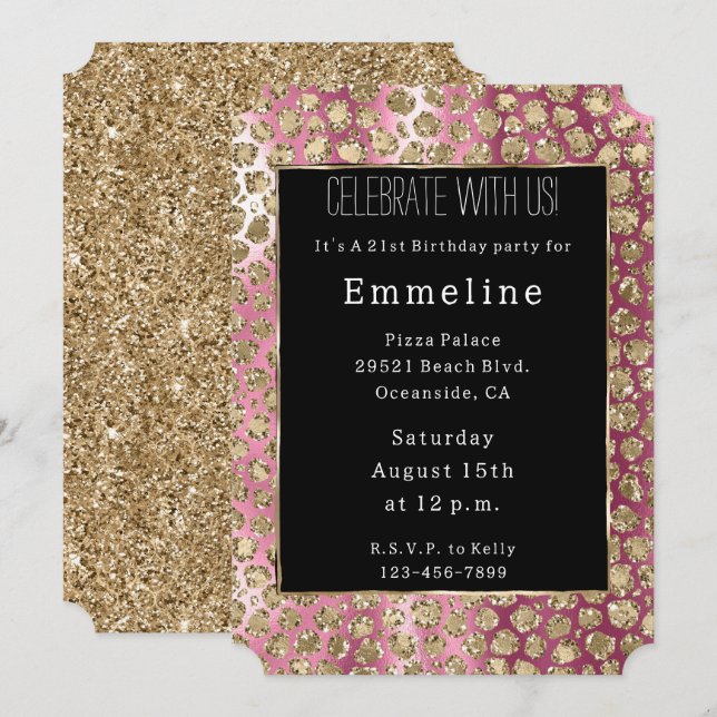 Pink Ombre Black Gold Glam Glitter Leopard Invitation (Front/Back)