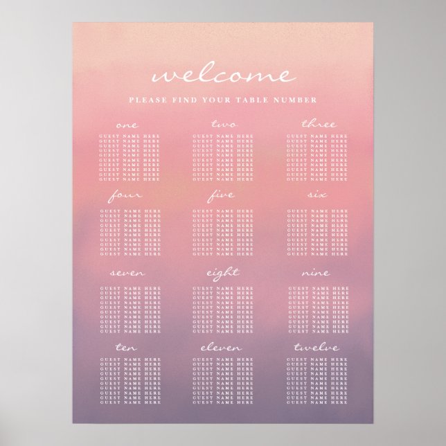 Pink Ombre Boho Minimalist Wedding Seating Chart (Front)