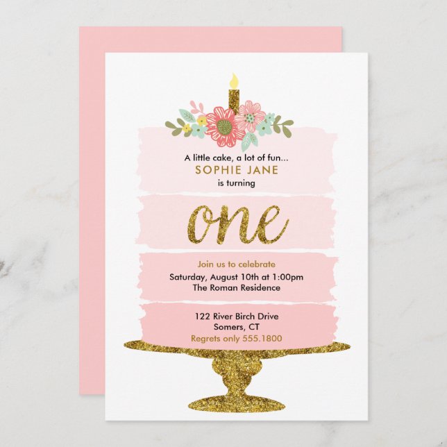 Pink Ombre Cake First Birthday Glitter Invitation (Front/Back)