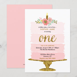 Pink Ombre Cake First Birthday Glitter Invitation