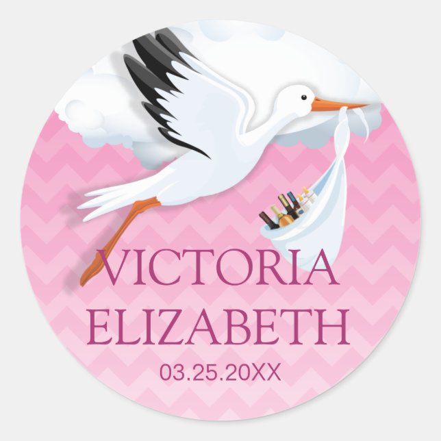 Pink Ombre Chevron Baby Name Classic Round Sticker (Front)