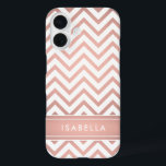 Pink Ombre Chevron Pattern Simple Modern Monogram iPhone 16 Case<br><div class="desc">Protect your cell phone in style with a chic modern Apple iPhone Case. Cover design features a pretty pink faux rose gold foil chevron zig-zag pattern and stripe, and your name or other customised text in a simple white typography font. This elegant and trendy phone case makes a stylish gift...</div>