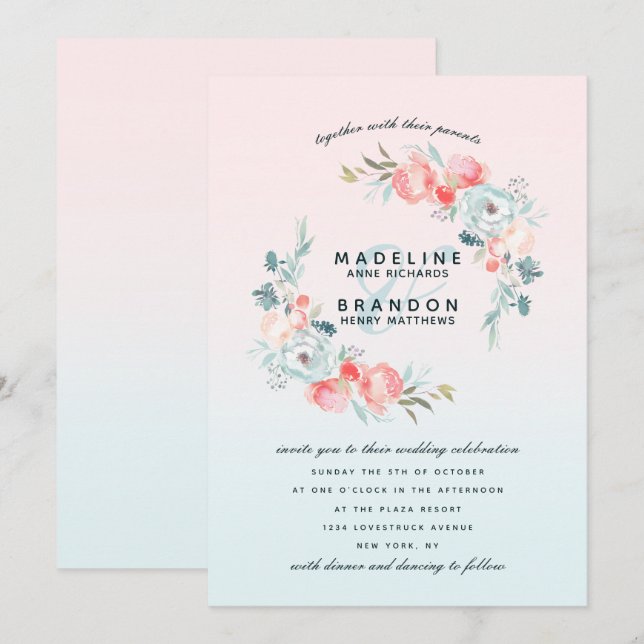 Pink Ombre French Garden Floral Wreath Wedding Invitation (Front/Back)