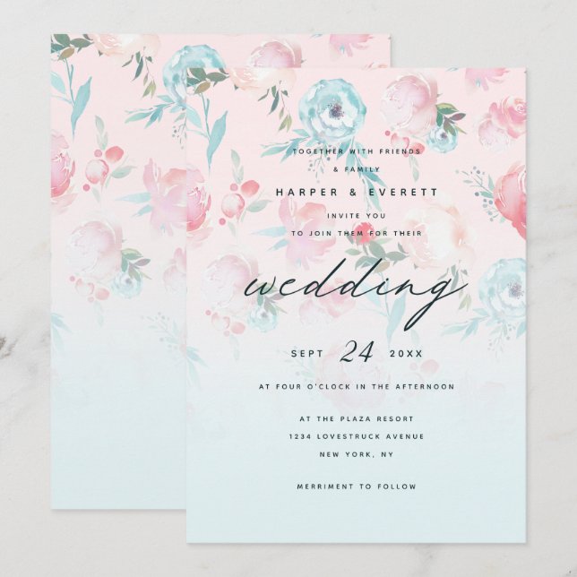 Pink Ombre French Garden Shabby Floral Wedding Invitation (Front/Back)