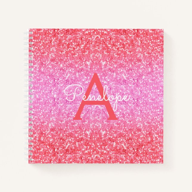 Pink Ombre Glitter and Monogram Sketchbook Notebook (Front)