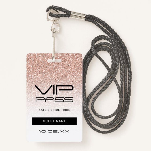 Pink Ombre Glitter Bachelorette VIP Pass Lanyard ID Badge (Front with Lanyard)