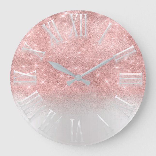 Pink Ombre Glitter effect White Spark Princess Large Clock (Front)