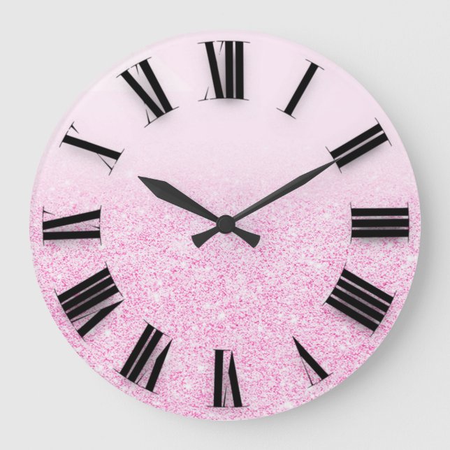Pink Ombre Glitter Minimal Roman Numbers Large Clock (Front)