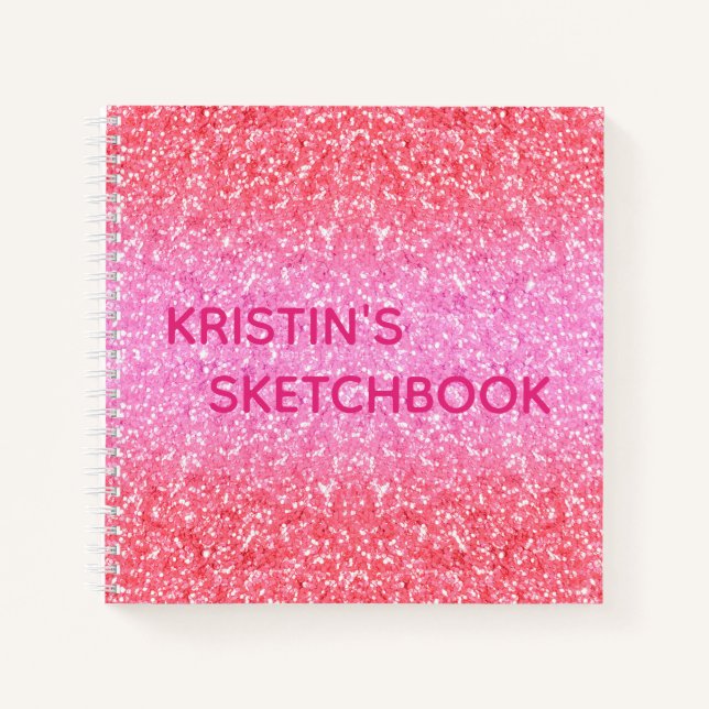 Pink Ombre Glitter Monogram Sketchbook Notebook (Front)