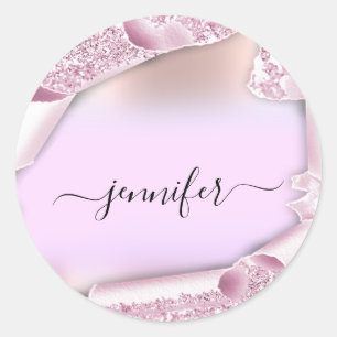 Pink Ombre Glitter Pink Rose Name Bridal Sweet16th Classic Round Sticker