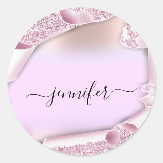 Pink Ombre Glitter Pink Rose Name Bridal Sweet16th Classic Round Sticker (Front)