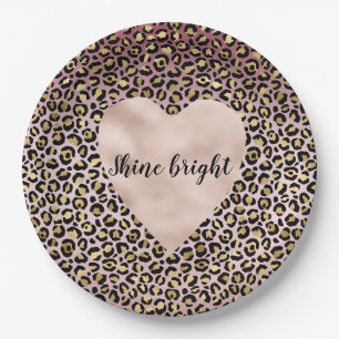 Pink Ombre Gold Black Leopard print Heart  Paper Plate