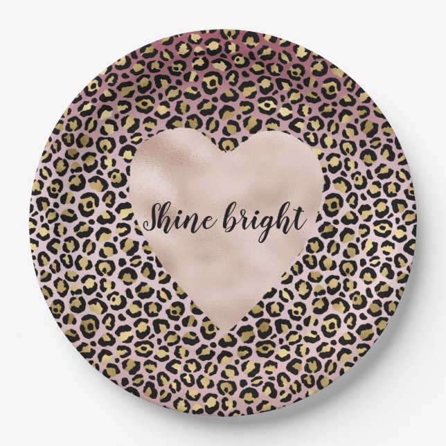 Pink Ombre Gold Black Leopard print Heart  Paper Plate (Front)