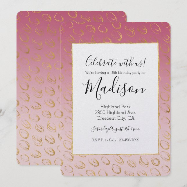 Pink Ombre Gold Chic Circles Birthday Invitation (Front/Back)