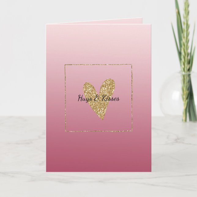 Pink Ombre Gold Glitter Heart Card (Front)