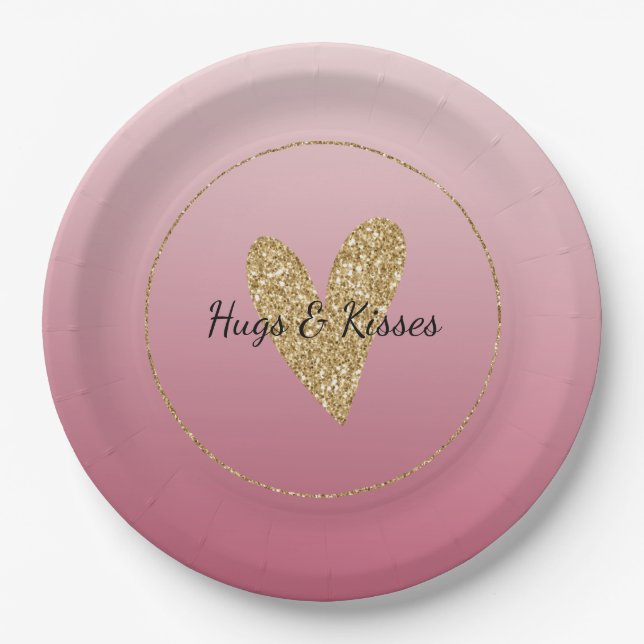 Pink Ombre Gold Glitter Heart Paper Plate (Front)