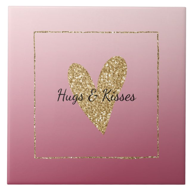 Pink Ombre Gold Glitter Heart Tile (Front)