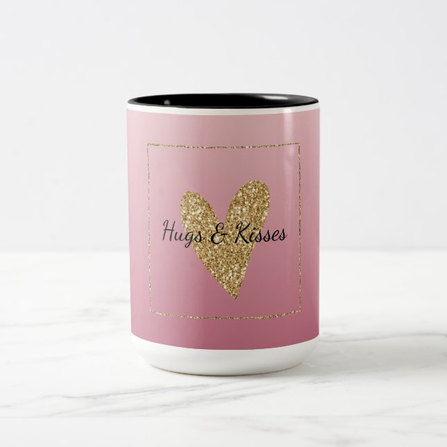 Pink Ombre Gold Glitter Heart Two-Tone Coffee Mug (Center)