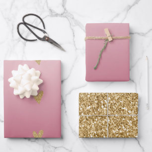 Pink Ombre Gold Glitter Heart Wrapping Paper Sheet
